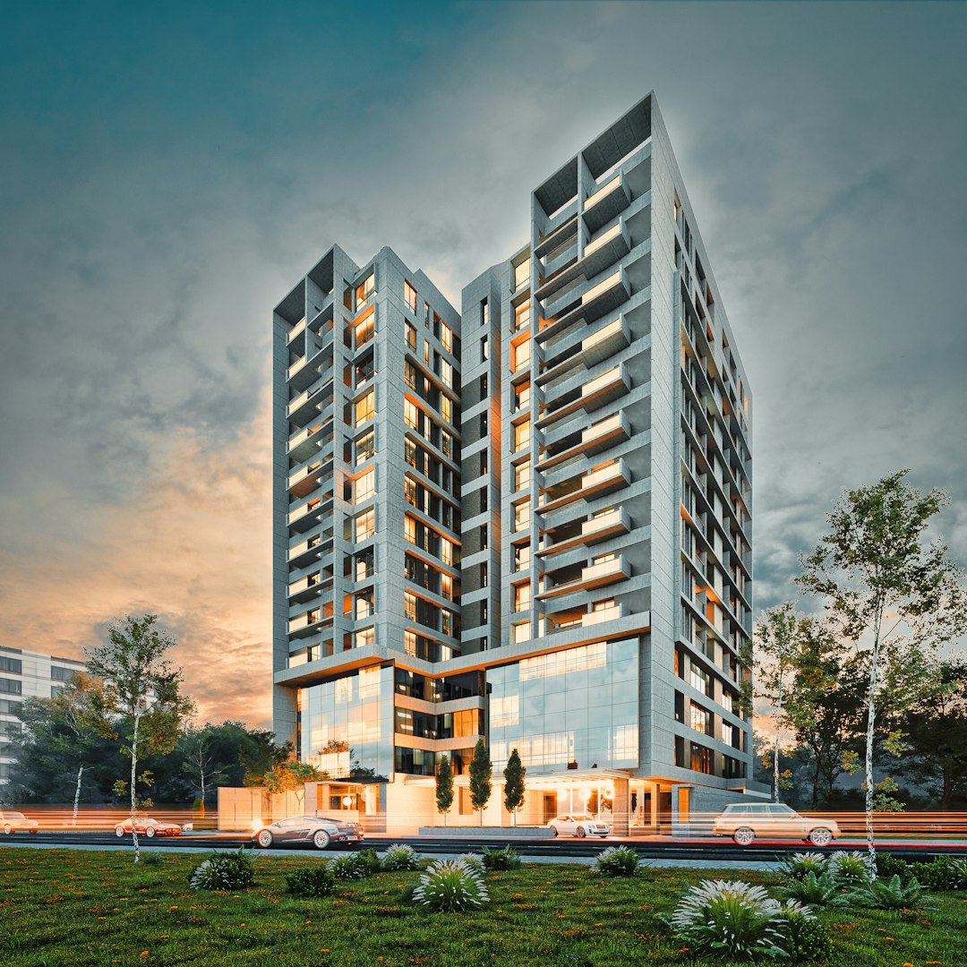 Modern apartment building at sunset